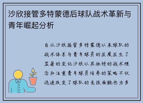 沙欣接管多特蒙德后球队战术革新与青年崛起分析